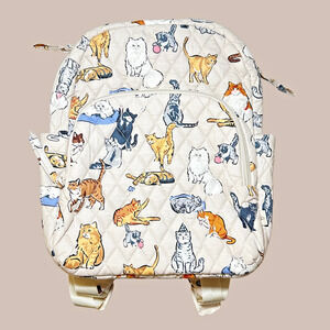New Vera Bradley A CATS LIFE Essential Small Backpack Quilted Cotton Beige